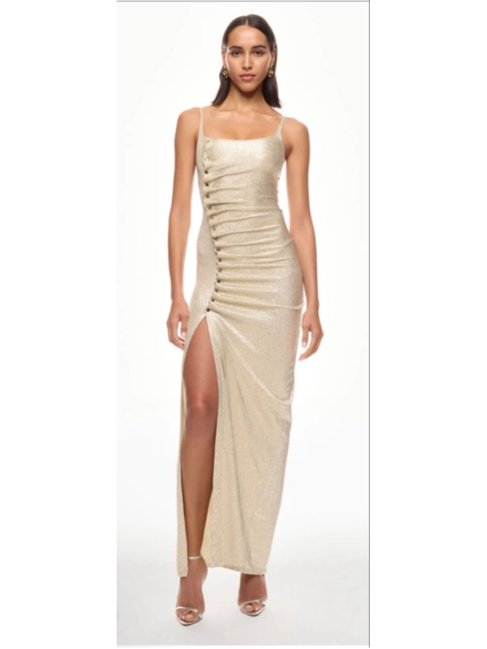 New Rabanne Gold Shimmer Ruched Side Maxi Dress 36/4 - Picture 6 of 11
